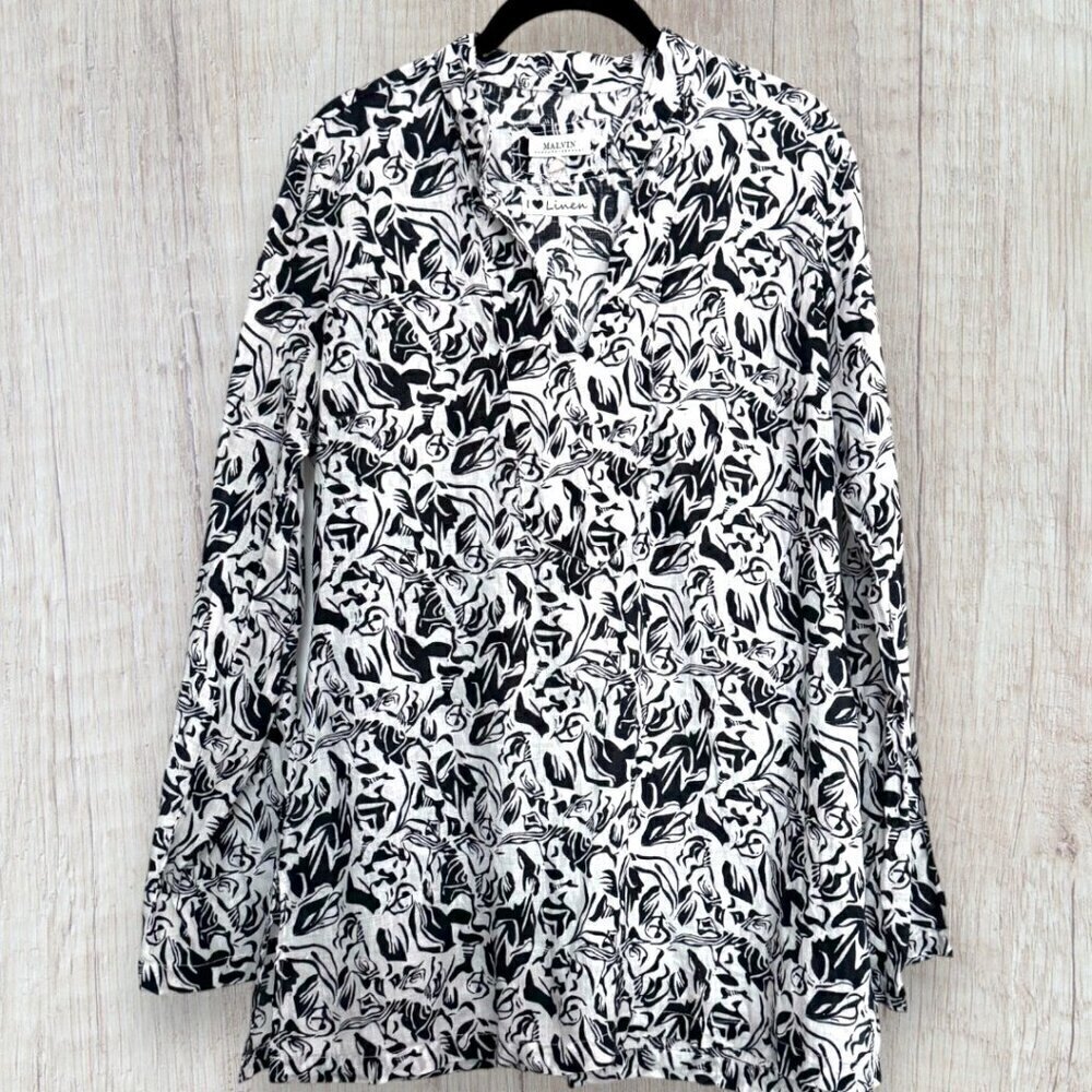 Malvin Linen Lagenlook Black White Floral Euro Tailored Tunic Blouse Art Chic M